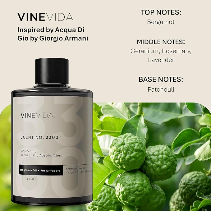 VINEVIDA [16 Fl Oz] Scent NO. 3300 Fragrance Oil for Cold Air Diffusers, Aromatic Notes of Bergamot Geranium Patchouli, Essential Oils for Diffuser Oil Refill & Air Freshener Room Spray