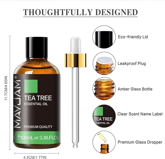 Tea Tree Essential Oil for Diffuser, MAYJAM Pure Essential Oils, Huge 3.38FL.OZ Bottle, Tea Tree Oil with Glass Dropper