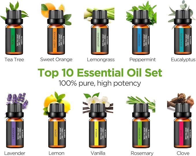 InnoGear Aromatherapy Diffuser & 10 Essential Oils Set, 400ml Diffuser Ultrasonic Diffusers for Home Cool Mist Humidifier with 4 Timers 7 Colors Light Waterless Auto Off, Yellow Wood Grain