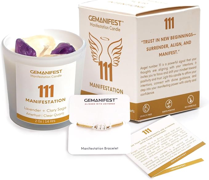 Angel Number 111 Manifestation Candle Crystal Infused Soy Wax with Amethyst & Clear Quartz Lavender & Clary Sage Scented Spiritual Gift for Meditation Affirmation and Energy Alignment