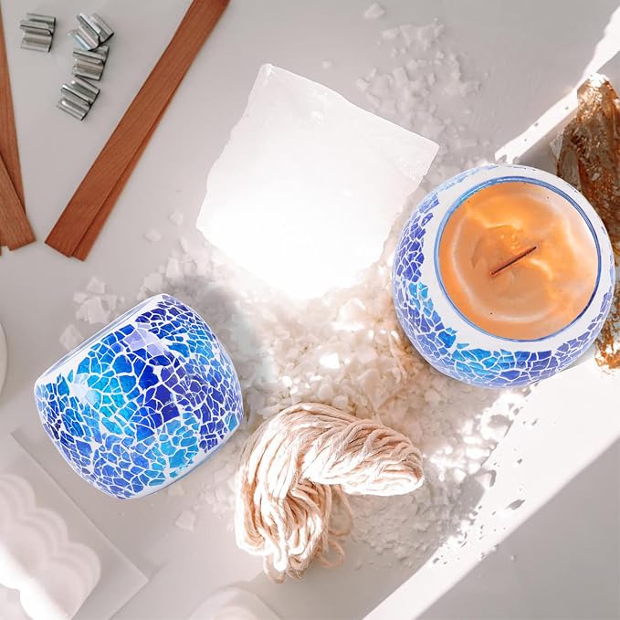 Scented Candle Holder Mosaic Glass Tea Light Holder,Handmade Romantic Glass Tealight Candle Holder for Aromatherapy,Party Décor(NO Candles),Also Used as Vase,Pen Holder,Potted Plants Bowl (Blue)