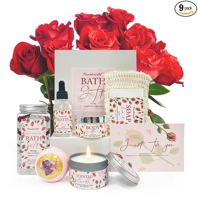 Rose Spa Gift Set for Women, Luxury 9 Pcs Bath Salts Set, Relaxation Gifts for Women, Self Care Set, Clean Moisturizing Skin, Gifts for Mom, Wife, Sister, Friend