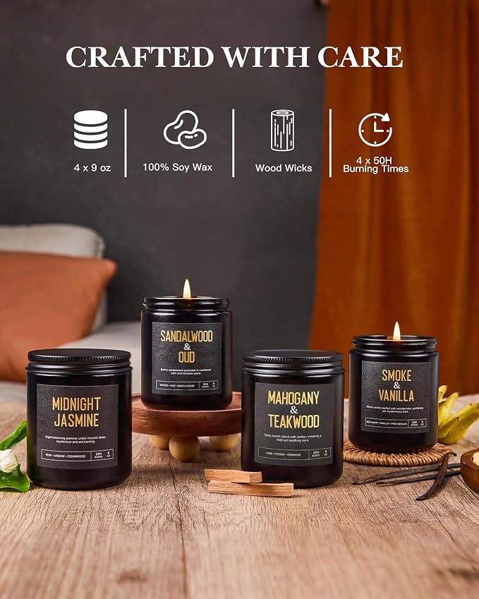 Wood Wick Scented Candles 4 Pack Candles for Home Scented 200 Hour Burn | Scented Candles Gift Set, Mahogany/Smoked Vanilla/Midnight Jasmine/Sandalwood Scented Candles, Men Women Birthday Gifts