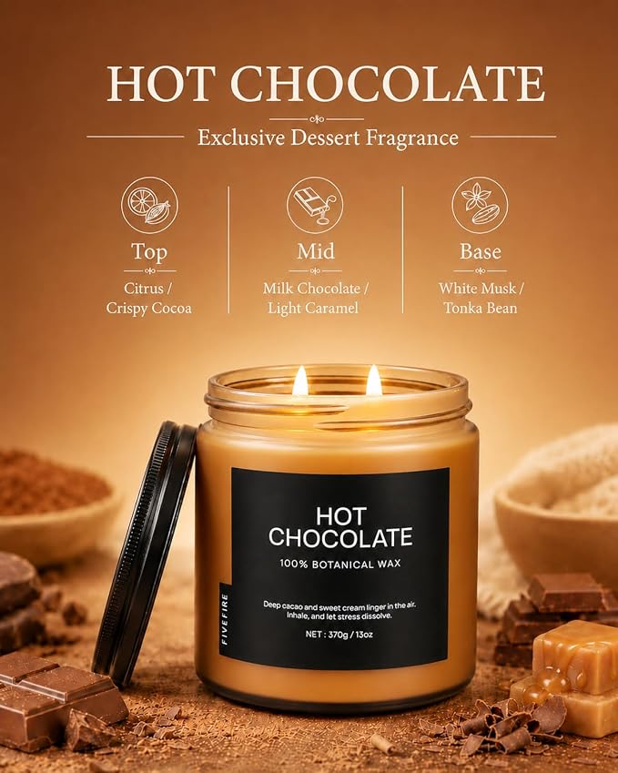 Hot Chocolate Home Scented Candles, 13oz Organic Soy Wax, 76-Hour Clean Burning, Natural Candles Non Toxic, Rich & Cocoa Gourmand Scent for Relaxation, Aromatherapy Housewarming Candle for Men Women