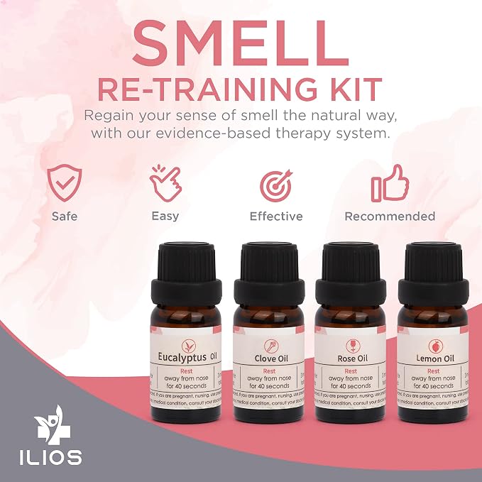 Ilios Olfactory Smell Training Kit, 4 Essential Oils, All Natural Stimulating Aromatherapy for Loss of Senses with Lemon, Clove, Rose, Eucalyptus, and Accessories