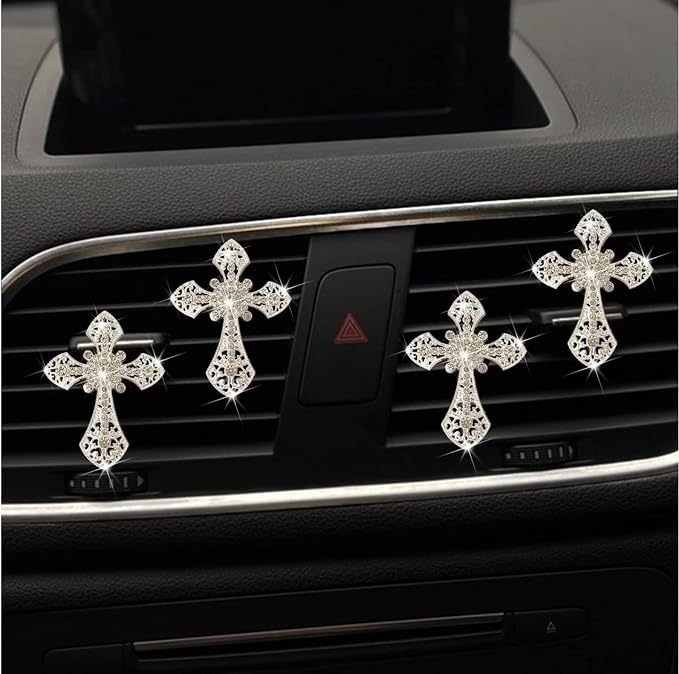 4Pcs Bling Cross Air Vent Clips,Crystal Car Vent Clip,Interior Accessories,Air Fresheners Vent Clips Car Diffuser Vent Clip Rhinestone Diamond Cross Car Decoration Car Interior Decor Car Accessorie