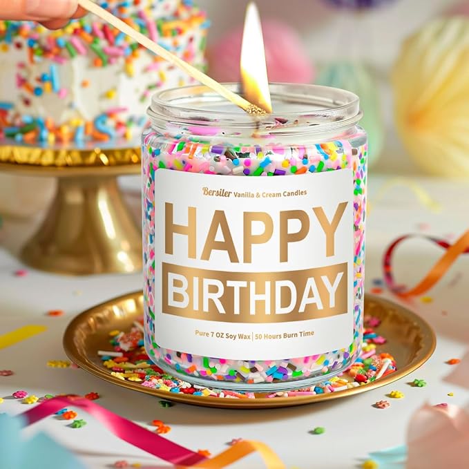Candles for Birthday, Vanilla Cream Scented Candle 7OZ, Happy Birthday Candle Gifts for Women Her Best Friend, Unique Cute Soy Candles Non Toxic Aromatherapy