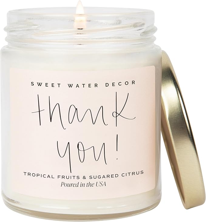 Sweet Water Decor Thank You Candle | Tropical Fruit and Sugared Orange, Summer Scented Soy Wax Candle for Home | 9oz Clear Jar, 40 Hour Burn Time, Made in The USA