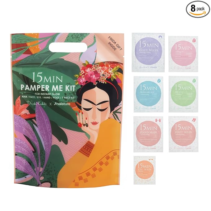 Naisture x Frida Kahlo 15 Min Pamper Me Kit Korean Spa Skincare Gift Set for Women - Head to Toe with Hair, Face, Eye, Hand, Foot Masks & Bonus Item (8 pcs)
