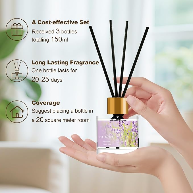 CALMORA Reed Diffuser Gift Set of 3, 50ml Home Fragrance Diffuser with 15 Reeds Sticks | Flameless Lily & Jasmine/Lavender/Fresh Linen Scented Oil for Women, Mom, Housewarming