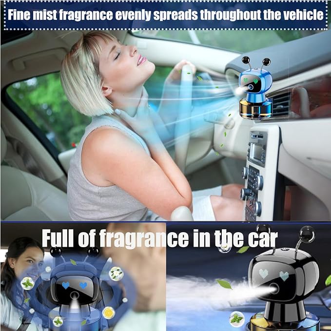 Robot Intelligent Aromatherapy Machine, Smart Cute Robot Car Air Freshener - Fine Spray/Fillable/Four-Gear Adjustment/Vibration Sensing/On-Off/Large Capacity Long-Lasting Fragrance/Blue-V2(Ocean)