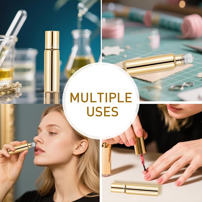 Kesell 10ml Glass Roller Bottles, 6-Pack Gold | Stainless Steel Rollerball, Perfume Vials, Empty Refillable, for Essential Oils, Aromatherapy, Travel, DIY