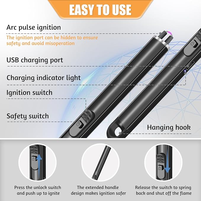 2 Pack Electric Candle Lighters, USB Rechargeable Lighter with Windproof Flameless & Extended Handle, Suitable for Candles, BBQ, Camping, Gas Stove, Festivals Gift (Black, 2 Packs-B)
