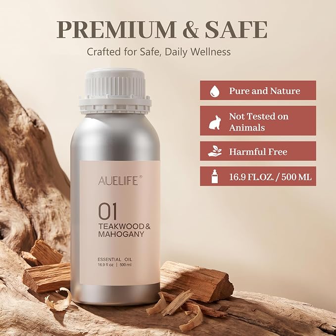 Auelife 16.9oz (500 ml) Teakwood & Mahogany Essential Oils for Diffusers for Home, Large Aluminum Bottle Fragrance Oil for Candle & Soap Making, Aromatherapy Oil for DIY Scents & Home Fragrance