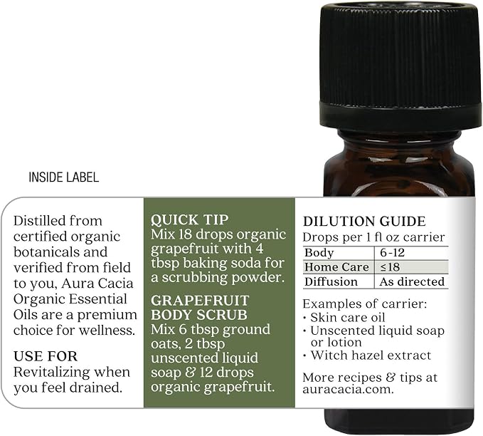 Aura Cacia Organic Grapefruit Essential Oil, 100% Pure Citrus Paradisi Oil - Fresh Fruity Aroma for Diffusers, Body Care, Cleaning and DIY Blends | 0.25 Fl Oz (Pack of 1)