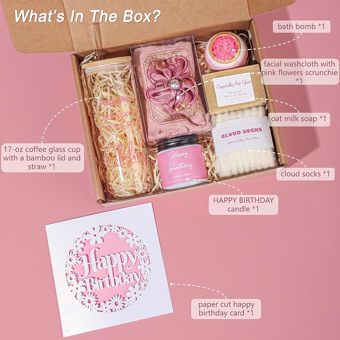 Birthday Gifts for Women, Happy Birthday Gift Set for Sister, Unique Gift Baskets for Mom, Funny Gift Ideas, Gift Box for Wife Best Friends Daughter Coworkers Aunt Teacher(Pink)