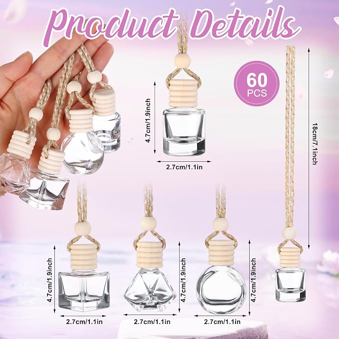 60 Pcs Hanging Car Air Freshener Car Diffuser Bottle Empty Glass Perfume Bottles Air Freshener Diffuser Bottle Pendant for Essential Oils Fragrance Aromatherapy Ornament Decor (Various Style)