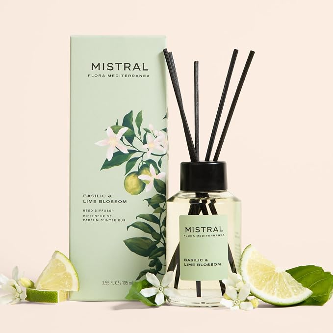 Mistral Basilic & Lime Blossom Reed Diffuser – Luxury Basil & Lime Blossom Scent Diffuser for Home, Office, Bathroom | 100% Oil-Based & Alcohol-Free, Long-Lasting with Natural Reed Sticks (3.5 fl oz)
