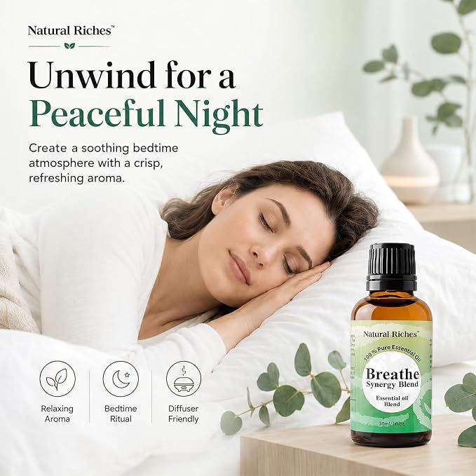 Natural Riches Breathe Essential Oil Blend Breathe Easy with Peppermint Eucalyptus Tea Tree Lemon Cardamom Pine Needle Essential Oils - 2 x 30 ml