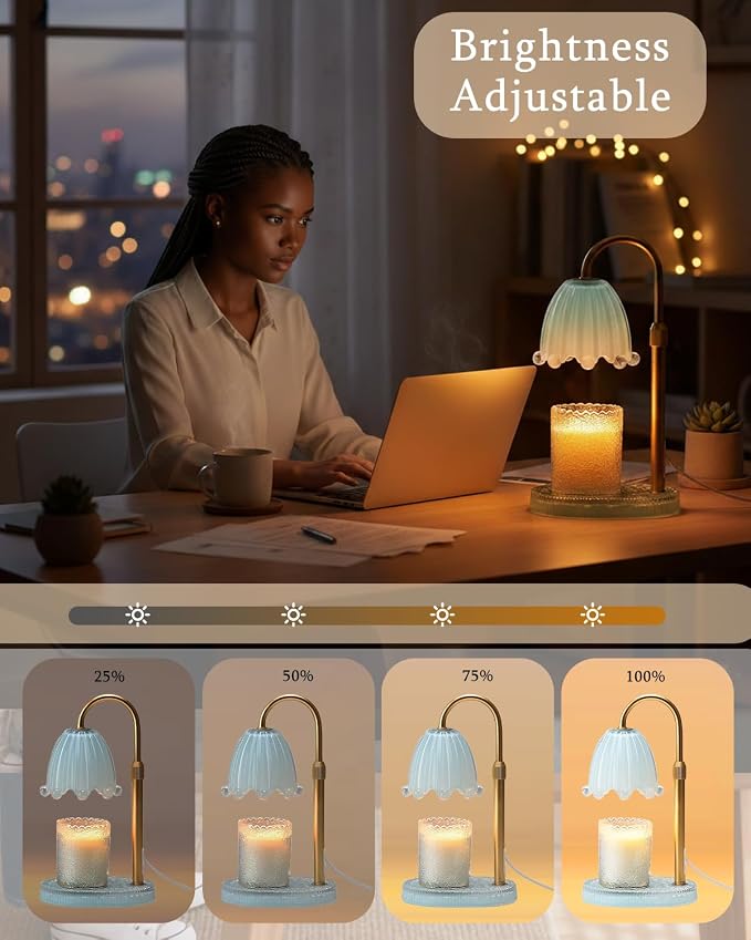 Flower Candle Warmer Lamp Glass Base with Timer & Dimmer, Mothers Day Birthday Gifts for Mom Women, Adjustable Floral Candles Warmer, Girly Wax Warmer New Home Office Decor (Blue-Flower)