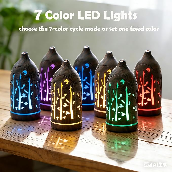 Essential Oil Diffuser,7.1''x3.5'' Air Diffusers with 3 Aromatherapy Oils Set,Small 200ml Humidifier with 7 LED Colors Lights,Waterless Auto-Off for Desk Office Home Decor Gift(Tree Dark Wood Grain)
