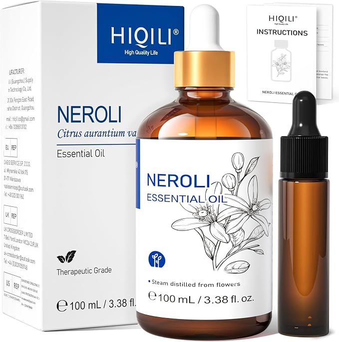 HIQILI Neroli Essential Oil 3.38 Fl Oz, Neroli Oil for Skin, Diffuser, Includes 10ML Travel Bottle - 100ML