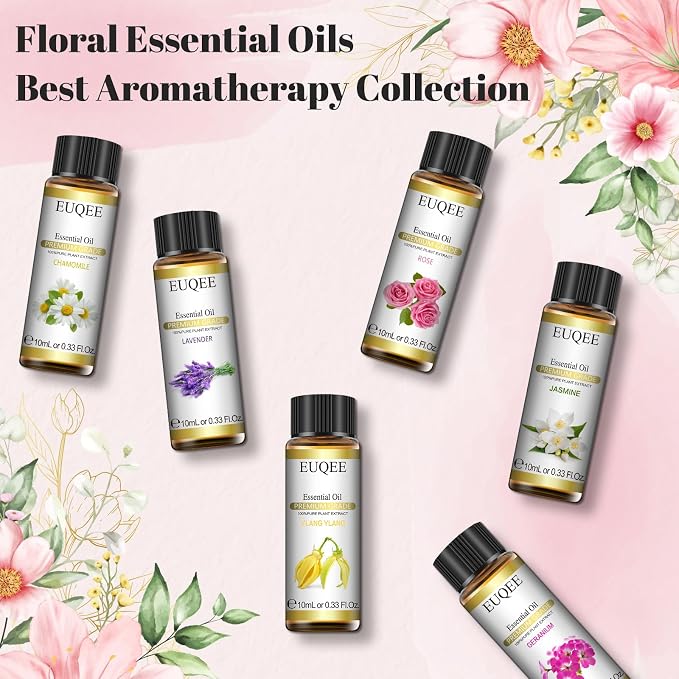 EUQEE 6 Pcs Pure Essential Oils Set, Premium Floral Scent Kit for Aromatherapy Diffuser, DIY Body Care, Home Fragrance, Massage– Lavender, Rose, Ylang Ylang, Jasmine, Geranium, Chamomile