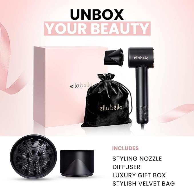 ELLA BELLA® Compact Plasma Hair Dryer, Advanced Plasma Technology Blow Dryer with Digital Display, Rapid Drying, Low Noise, & Luxury Velvet Travel Bag - Includes Diffuser & Nozzle- for All Hair Types