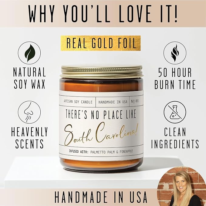 South Carolina Gifts, South Carolina Decor for Home - 'There's No Place Like South Carolina Candle, w/Palmetto Palm & Pineapple I South Carolina Souvenirs State Gifts I 9oz Jar, 50Hr Burn, USA Made