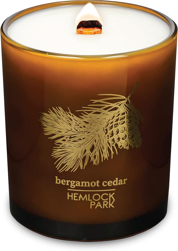 Hemlock Park Bergamot Cedar Amber & Gold Scented Candle | Crackling Wood Wick, Botanical Fragrance & Coconut Apricot Wax | Up to 70 Hour Burn Time | 14 oz | Made in USA