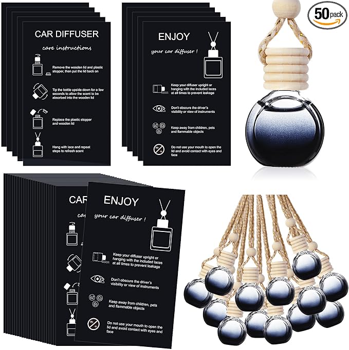 Boao 50 Sets Hanging Car Air Freshener Diffuser Bottles with 2 x 3.54 Inch Car Diffuser Instructions Cards for Empty Essential Oil Bottles(Black Card,Black Round)
