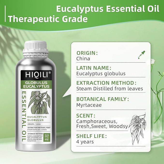 HIQILI Eucalyptus Essential Oil for Spray, Diffuser & Skin - 32 Fl Oz