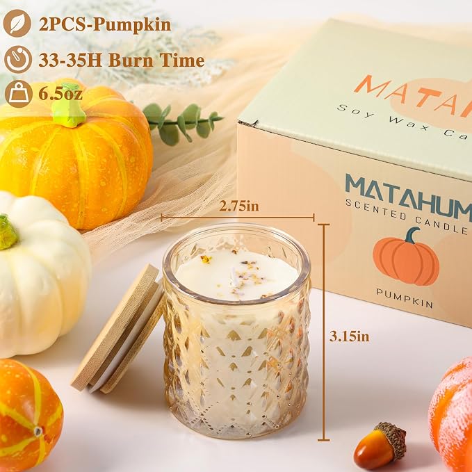 MATAHUM 2 Pack Pumpkin Scented Candles for Home Decor, 6.5oz Natural Soy Wax Fall Candle Aromatherapy Jar Candles, Pumpkin Candle for Fall Decor, Birthday Housewarming Gift