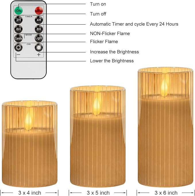 ANGELLOONG Glass LED Flameless Candles Battery Operated with Remote Control, Flickering Candles with Timer, Electric Gold Candles for Home Bathroom Fireplace Decor, Set of 3