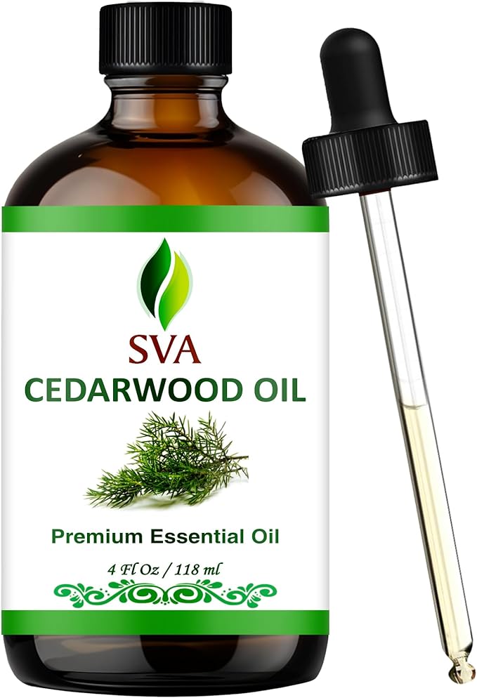 SVA Cedarwood Essential Oil – 4 Fl Oz – 100% Natural Cedar Juniperus Mexicana Oil - for Diffuser, Hair Care, Face, Skin Care, Aromatherapy, Scalp and Body Massage, Soap and Candles – with Dropper