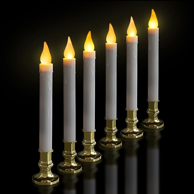 FURORA LIGHTING White Taper Candles with Gold Holders, Pack of 6-9.9" Flameless LED, 5/19 Auto Timer, Batteries Included - Wedding, Dinner & Home Decor