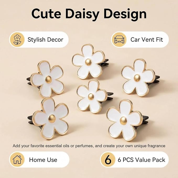 6 Pcs White Daisy Flower Car Air Freshener Vent Clip, Refillable Car Diffuser Daisy Car Accessories, Car Decorations Interior for Car Bathroom Office Pet Houses-White