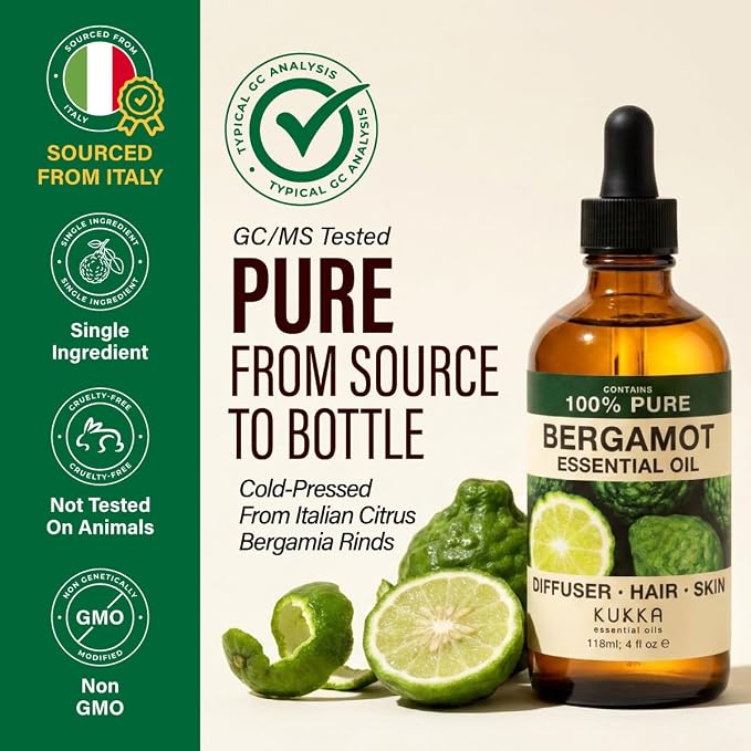 100% Pure Bergamot Oil - 4 Fl Oz Bergamot Essential Oil for Hair, Skin, Diffuser, Aromatherapy & DIY Soap Making Scent