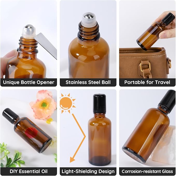 Segbeauty 1.69oz Glass Roller Bottles for Essential Oils, 5 Pack of 50ml Amber Empty Rollerball Bottles for Oil, Anointing Oil Bottle for Travel Storage, Perfume Refill Bottle Travel Size Containers