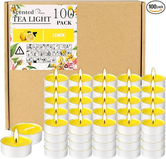100 Pack Scented Tealight Candles - 4 Hours Burning Lemon Aromatherapy | Valentine's Day Romantic Dinner & New Year Home Decor, Yellow Votive Candles for Wedding, Holiday Gift & Emergency (Yellow)
