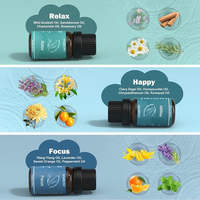 WUSEONY Well-Being Essential Blends Oils Set, Aromatherapy Oils Gift Set for Diffusers Home, Fragrance Oil Scent for Candle Soap Making - Happy, Calm Mind, De-Stress, Relax, Focus, Sweet Dreams
