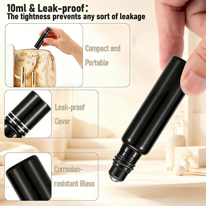 Kesell 10ml Black Glass Roller Bottles 6Pack, Essential Oil Roller Bottles with Funnel & Stainless Steel Roller Ball Applicator, Small Glass Vials for Perfume, Massage Oil, Refillable Travel Container