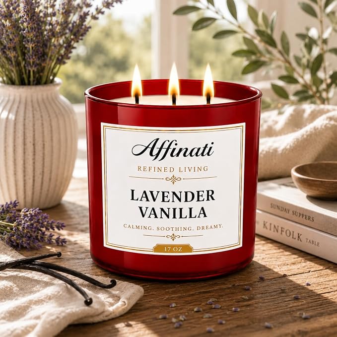 Affinati Lavender Vanilla 3 Wick Scented Candle – Large Soy Blend Candle, Strong Scent Throw Soft Floral Aromatherapy Candle for Relaxation, Premium Clean Burning Luxury Gift