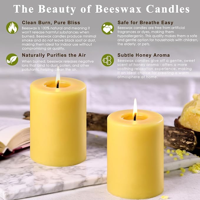 Beeswax Candles Pillar 3x4 Inch, 4 Pack Non Toxic Bees Wax Candle for Home Decor, Large Natural Organic Pillar Candle with 60 Hours Long Burning Time for Emergency, Meditation, Relax