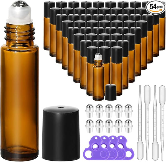 KEYWING 54 Pack Empty Essential Oil Roller Bottles – 10ml Amber Glass Roll-On Bottles with Stainless Steel Roller Balls & Caps, Refillable Perfume Containers for DIY & Travel