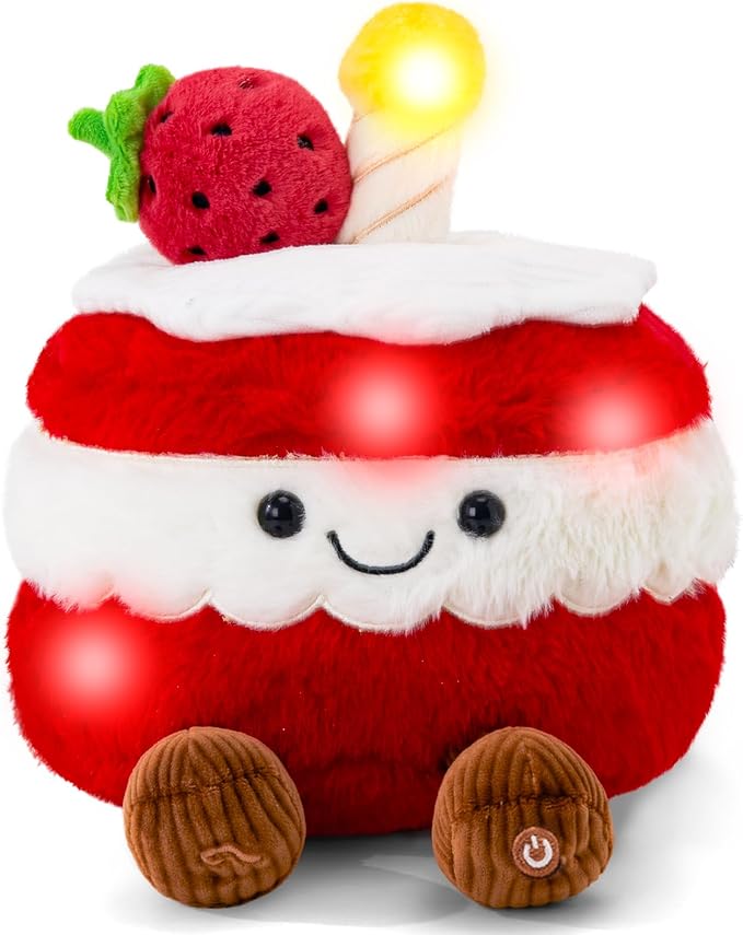 WEWILL Light up Birthday Cake Plush Toy Musical Cute Cake Pillow Stuffed Animals with Legs Strawberry Funny Plushie for Girls,Kids,Boys,8"