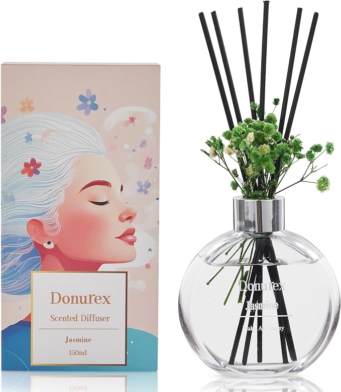Flower Reed Diffuser Set 5.07oz Jasmine Scent Diffuser with Sticks Home Fragrance Reed Diffuser for Bathroom Shelf Decor