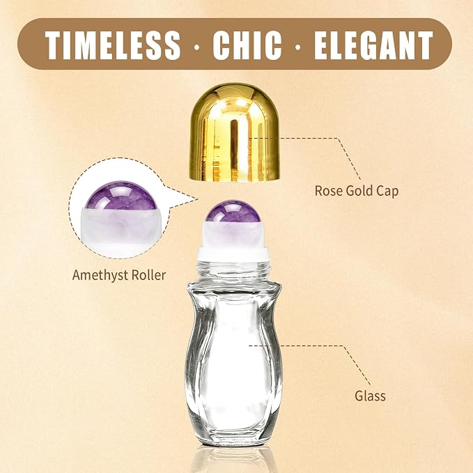 Amethyst Clear Roller Waisted Bottles for Essential Oils,50ml Refillable Clear Glass Roll On Bottles with Natural Crystal Roller Balls, Leak-Proof Travel Perfume Bottle with Gold Caps