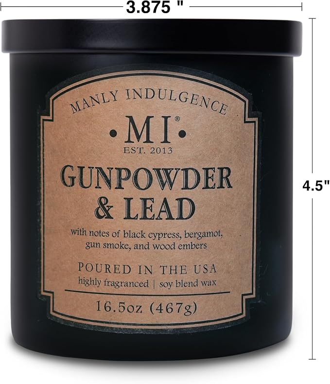 Manly Indulgence Gunpowder & Lead Candles for Men, 2 Wick, 16.5 oz, Premium Soy Blend Wax, 60H Burn, Candles for Home Scented - Made in The USA