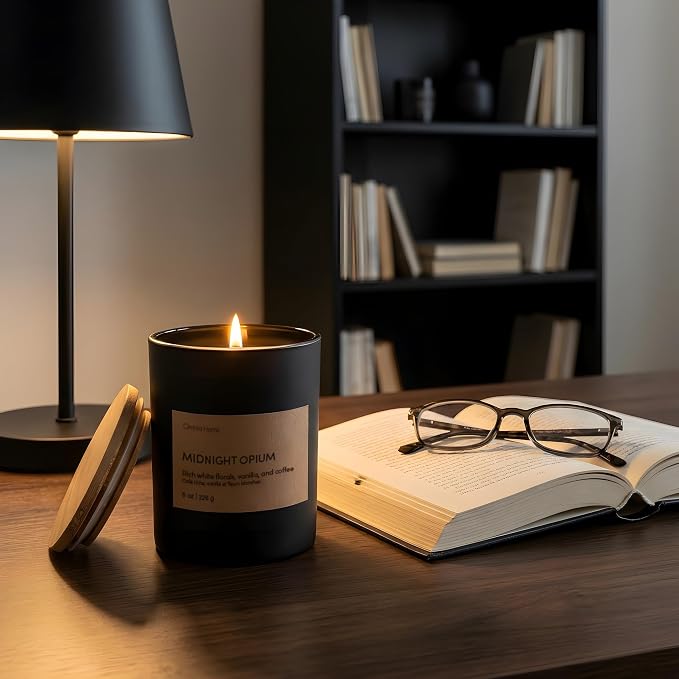 Scented Soy Wax Candle – Floral Candles for Home Scented with Notes of Jasmine, Vanilla & Tonka Bean – Elegant Home Decor & Gift (Midnight Opium, Black, 8 oz)